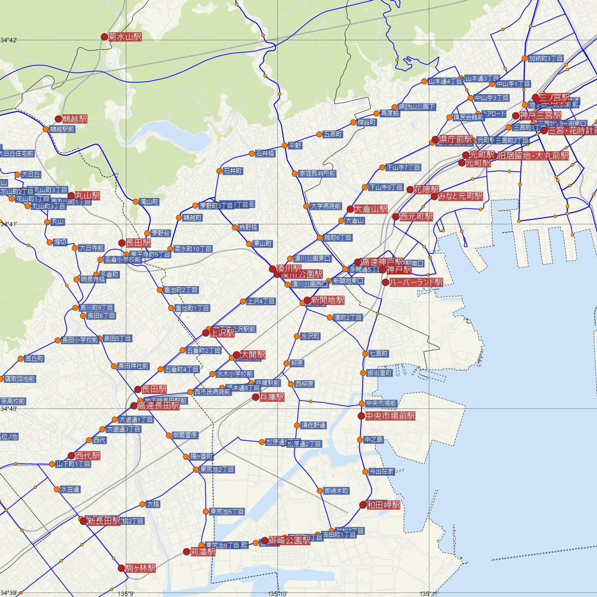 新開地駅（神戸電鉄）周辺のバス路線図