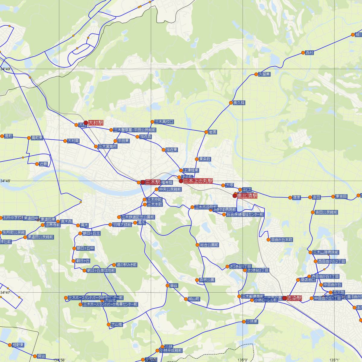 三木上の丸駅（神戸電鉄）周辺のバス路線図
