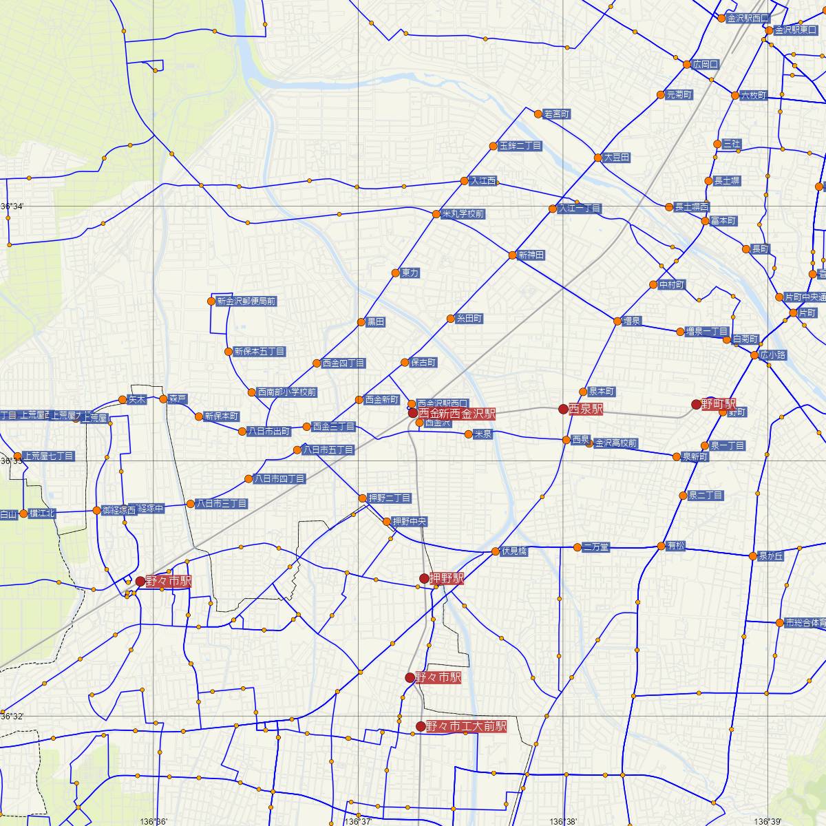 西金沢駅（JR西日本）周辺のバス路線図