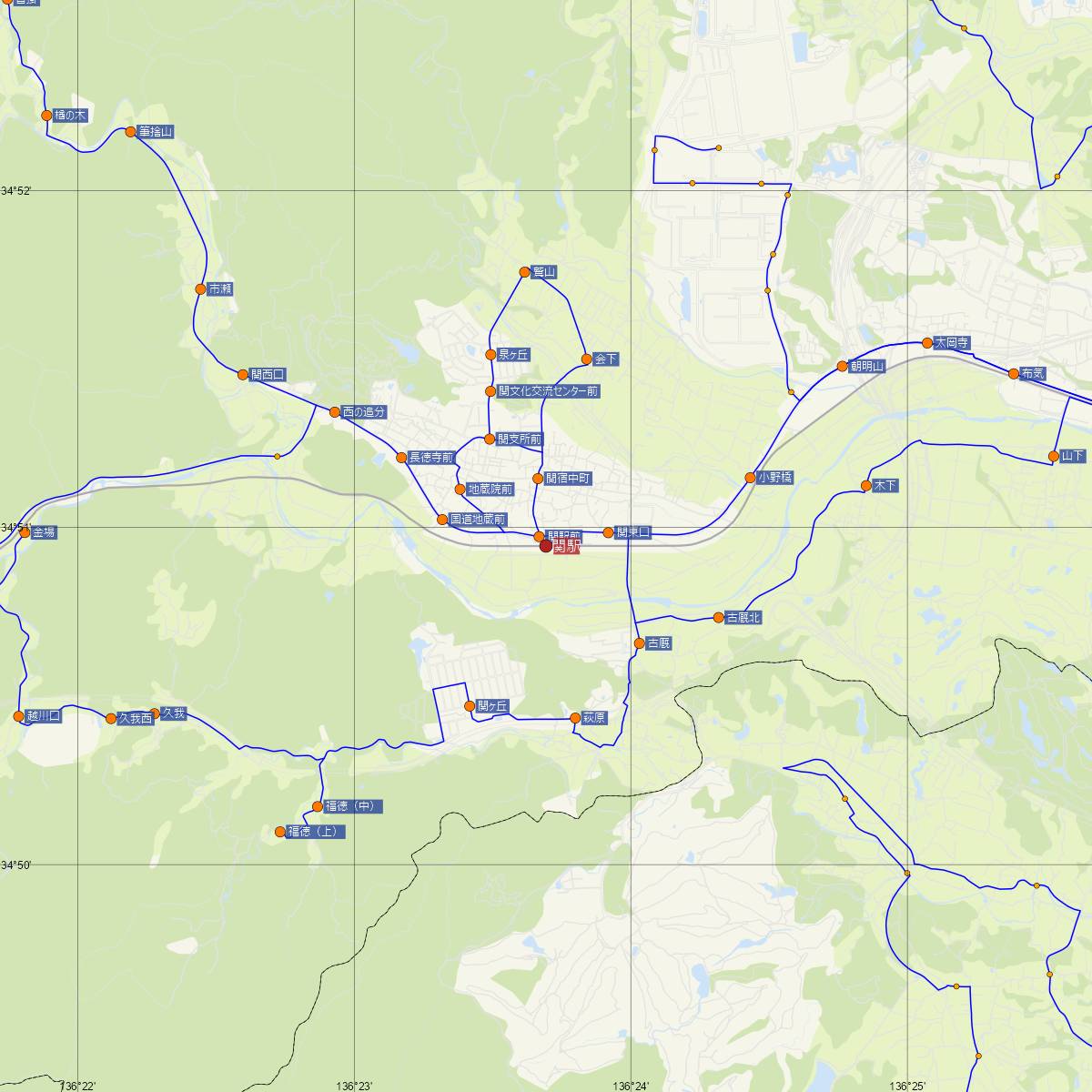 関駅（JR西日本）周辺のバス路線図