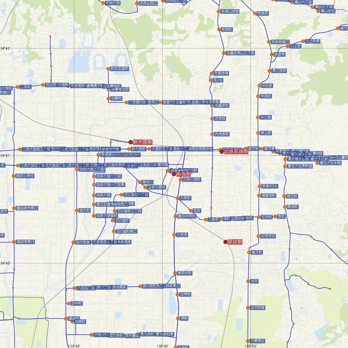 奈良駅（JR西日本）周辺のバス路線図