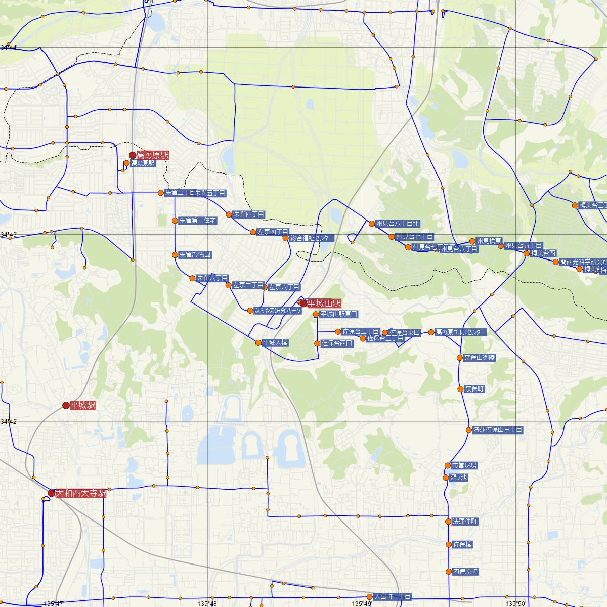 平城山駅（JR西日本）周辺のバス路線図