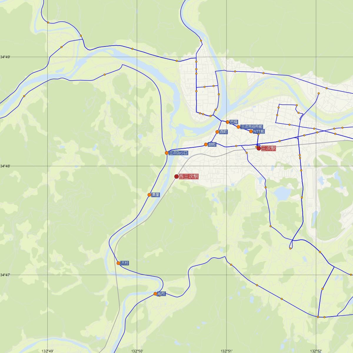西三次駅（JR西日本）周辺のバス路線図