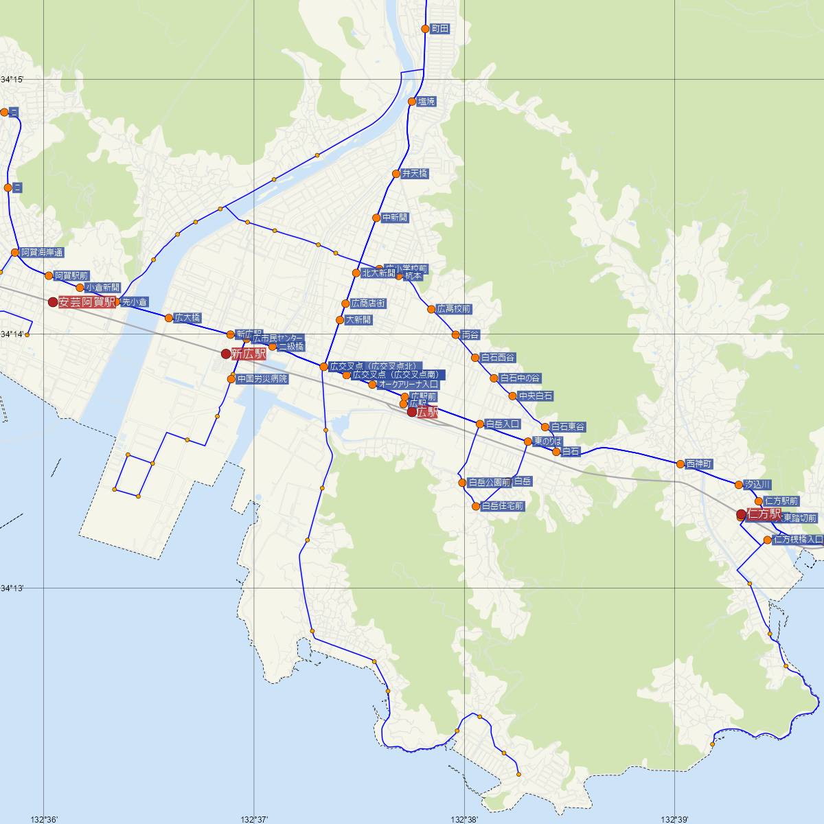 広駅（JR西日本）周辺のバス路線図