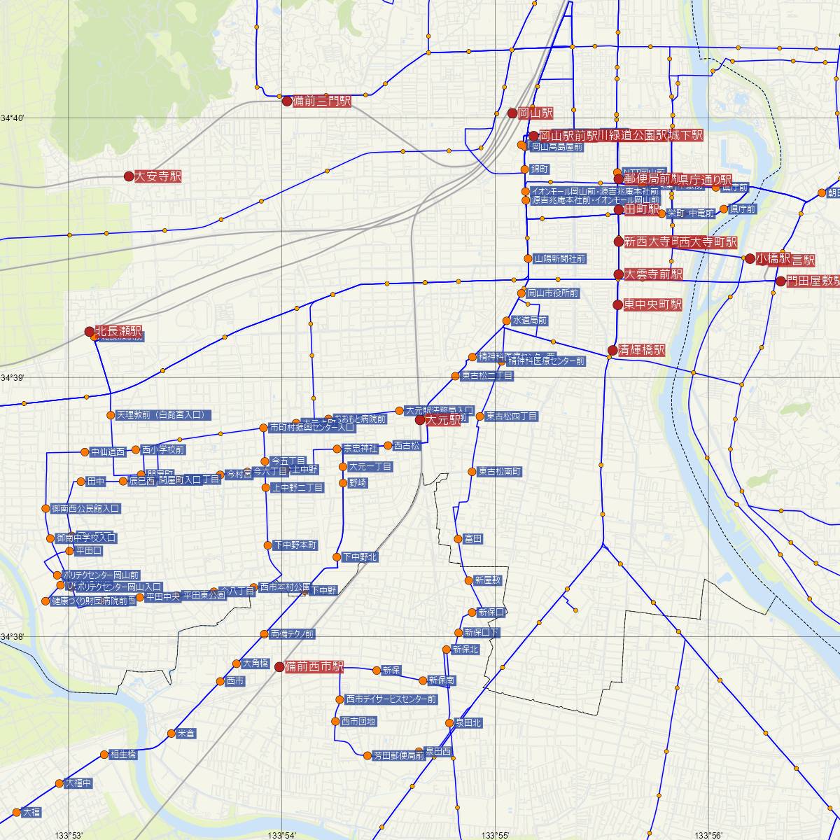 大元駅（JR西日本）周辺のバス路線図