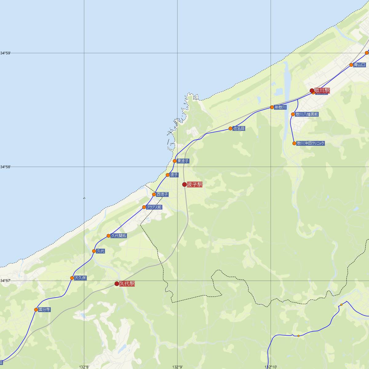 波子駅（JR西日本）周辺のバス路線図