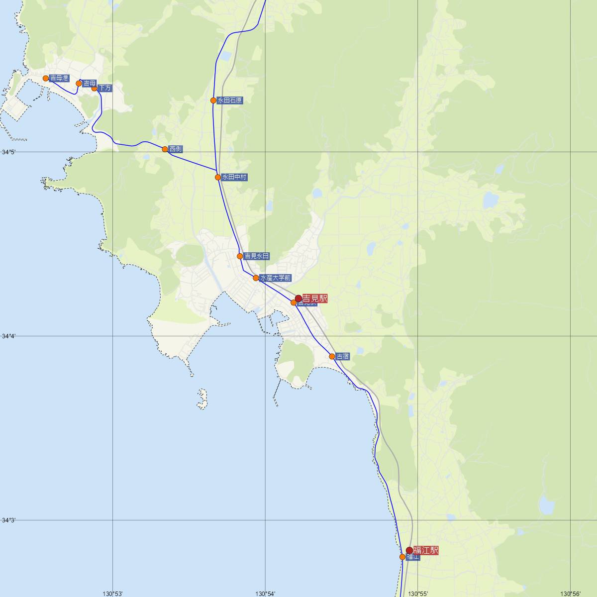 吉見駅（JR西日本）周辺のバス路線図