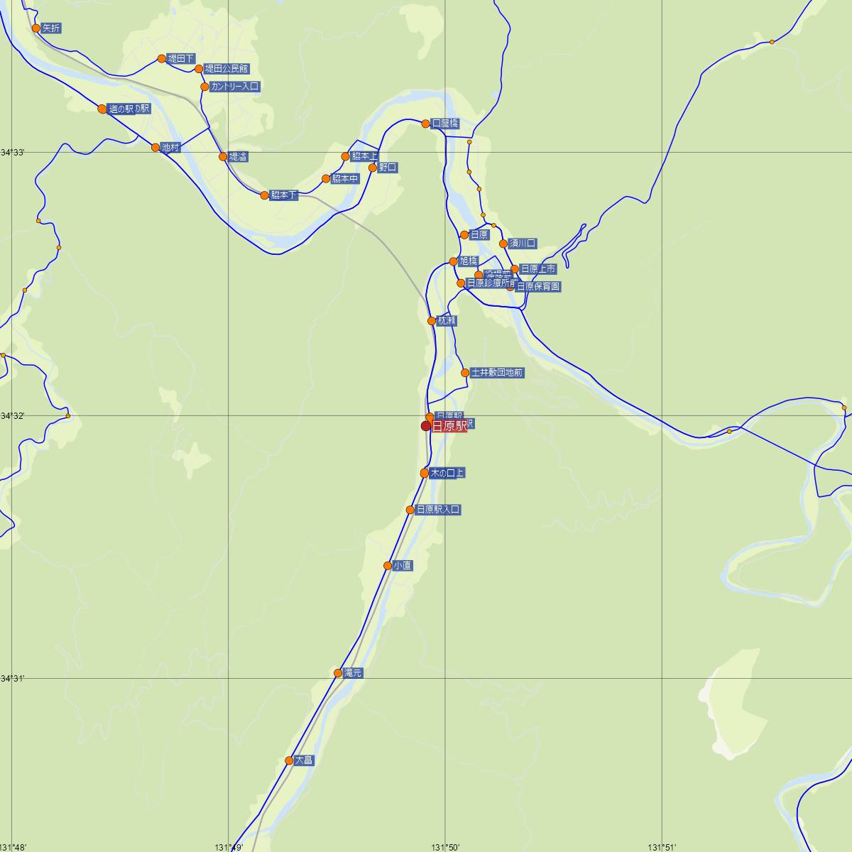 日原駅（JR西日本）周辺のバス路線図
