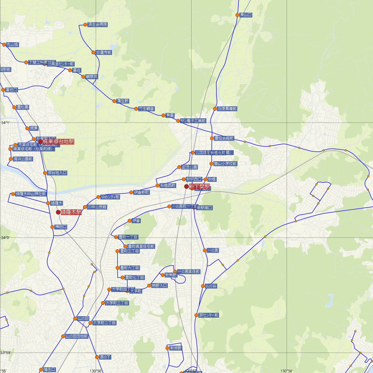 新下関駅（JR西日本）周辺のバス路線図