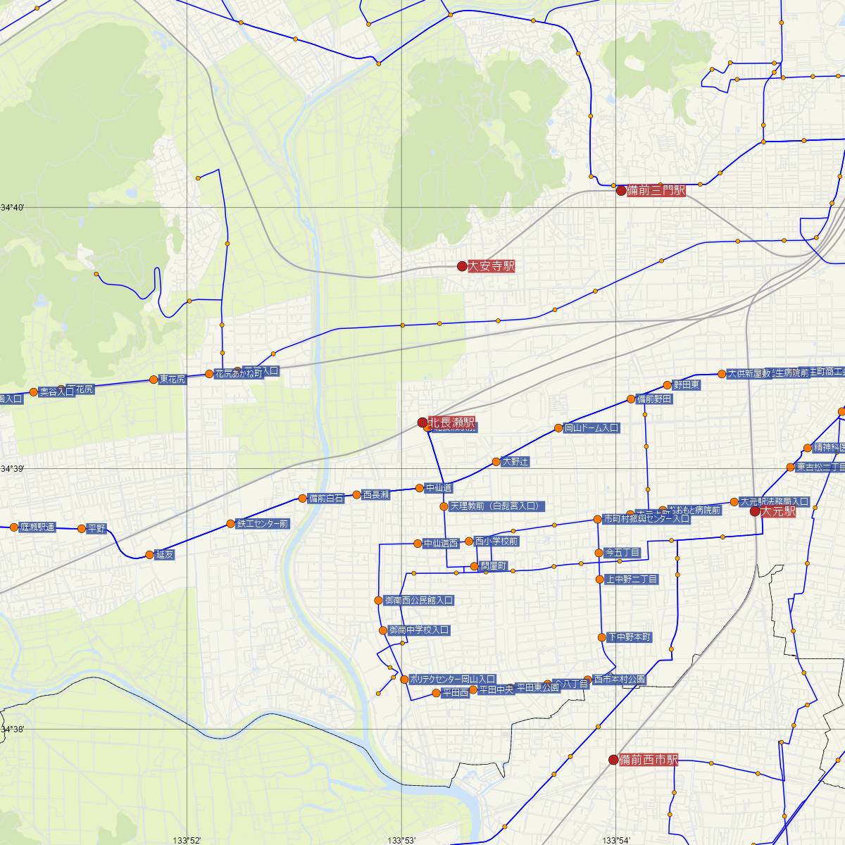 北長瀬駅（JR西日本）周辺のバス路線図