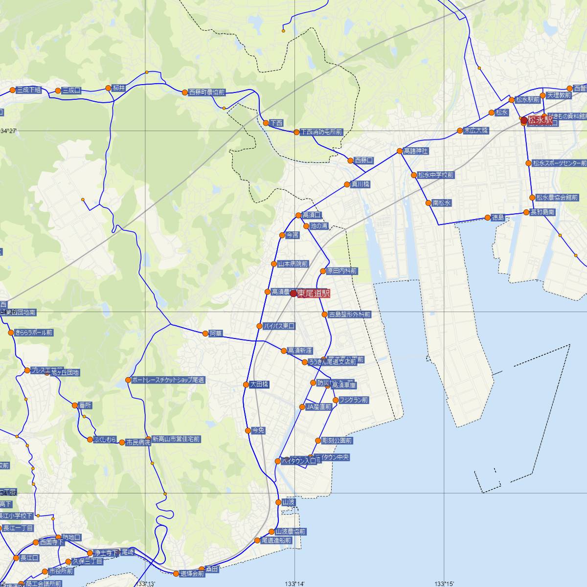 東尾道駅（JR西日本）周辺のバス路線図