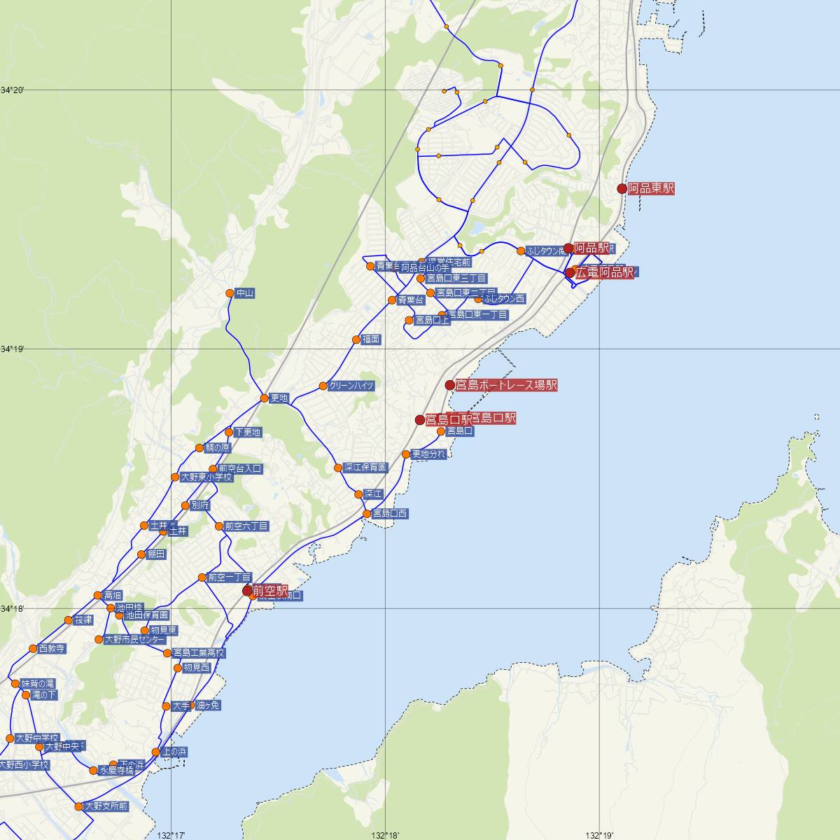 宮島口駅（JR西日本）周辺のバス路線図