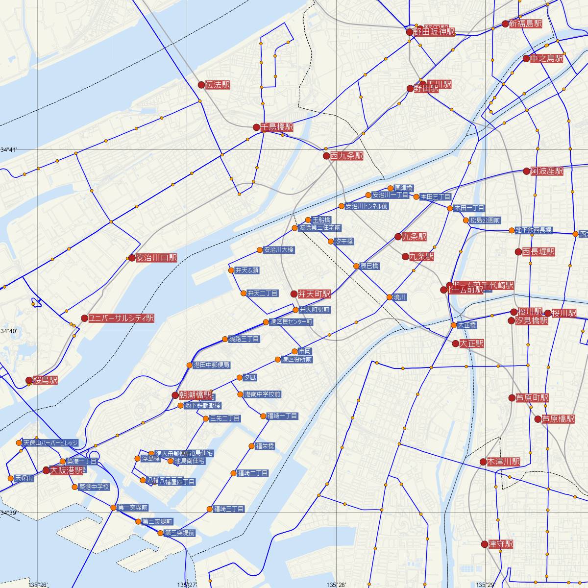 弁天町駅（JR西日本）周辺のバス路線図
