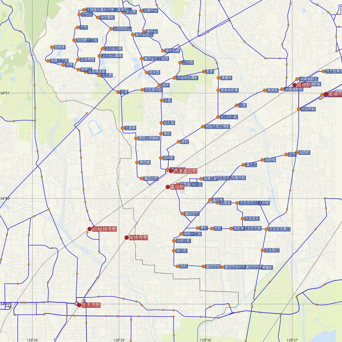 摂津富田駅（JR西日本）周辺のバス路線図