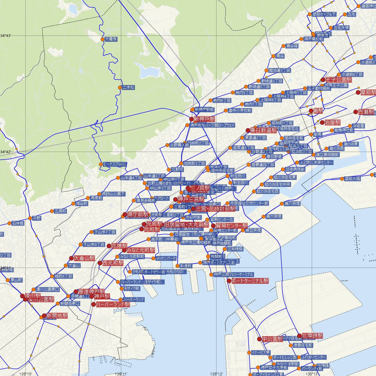 三ノ宮駅（JR西日本）周辺のバス路線図