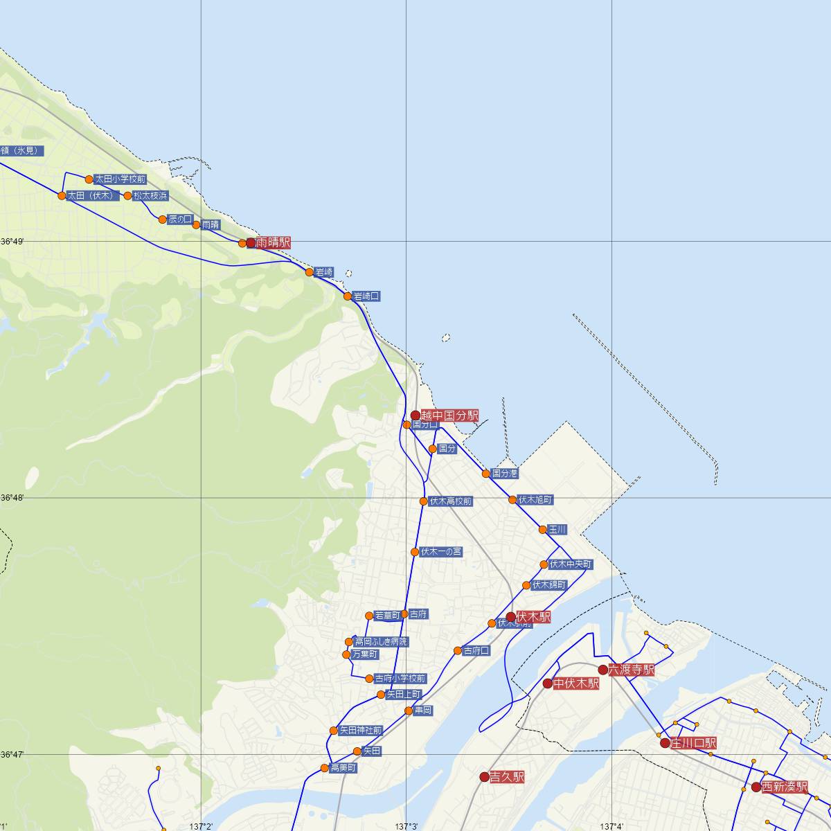 越中国分駅（JR西日本）周辺のバス路線図
