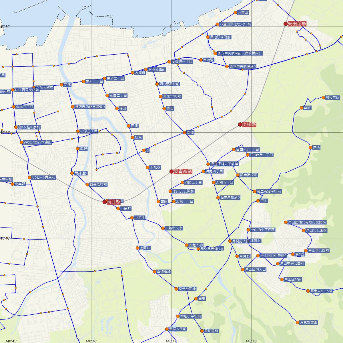 東青森駅（青い森鉄道）周辺のバス路線図
